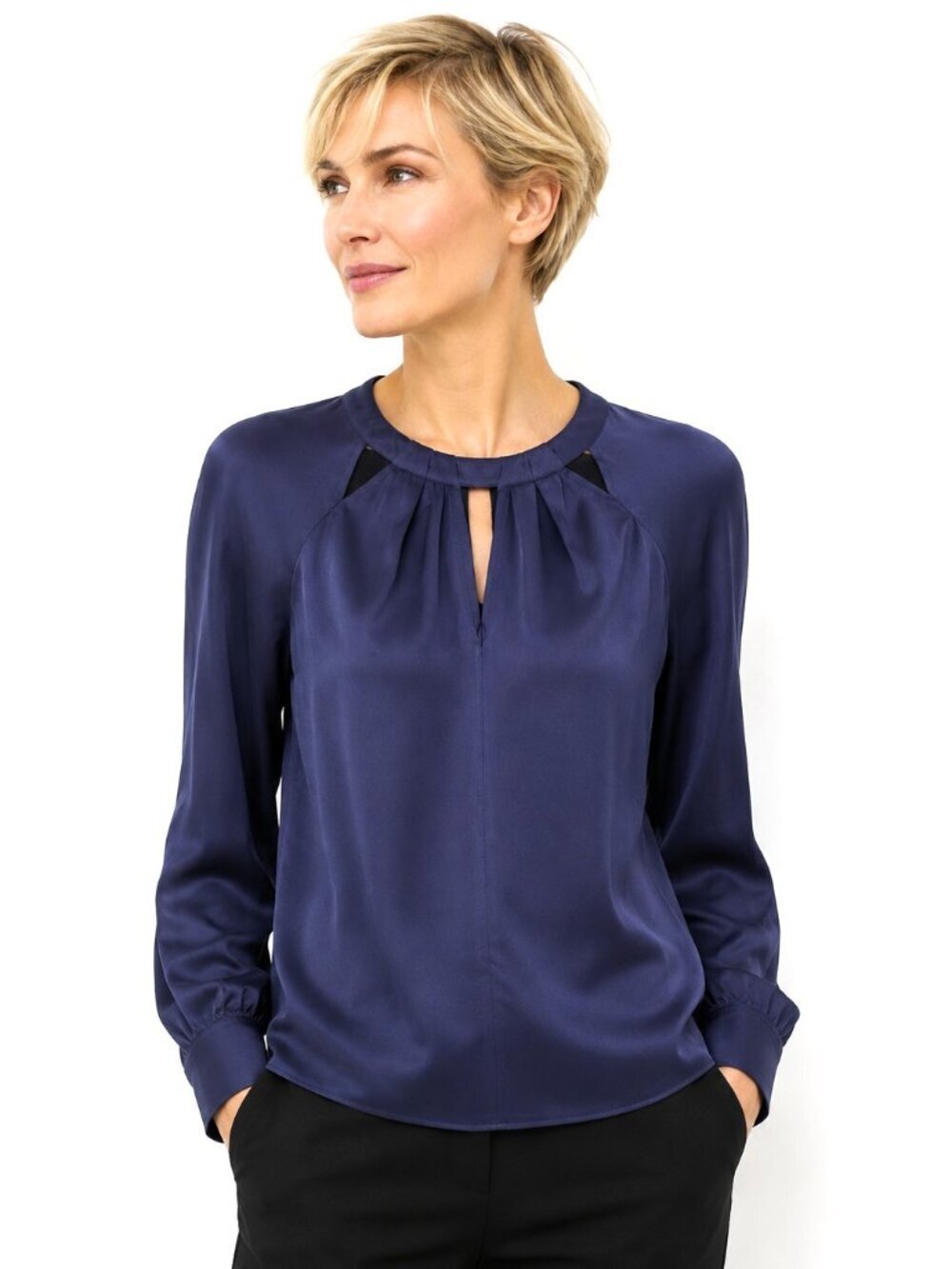 Trina Turk Navy Blue Silk Cutout Collar Top